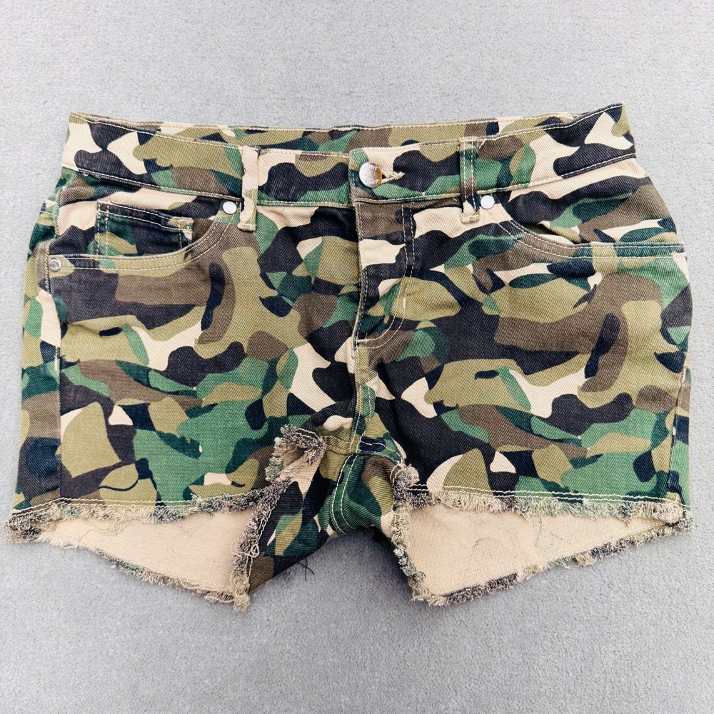 Venus‎ Camo Cut Off Denim Shorts Womens Size 4 Green Camouflage Stretch Raw Hem
